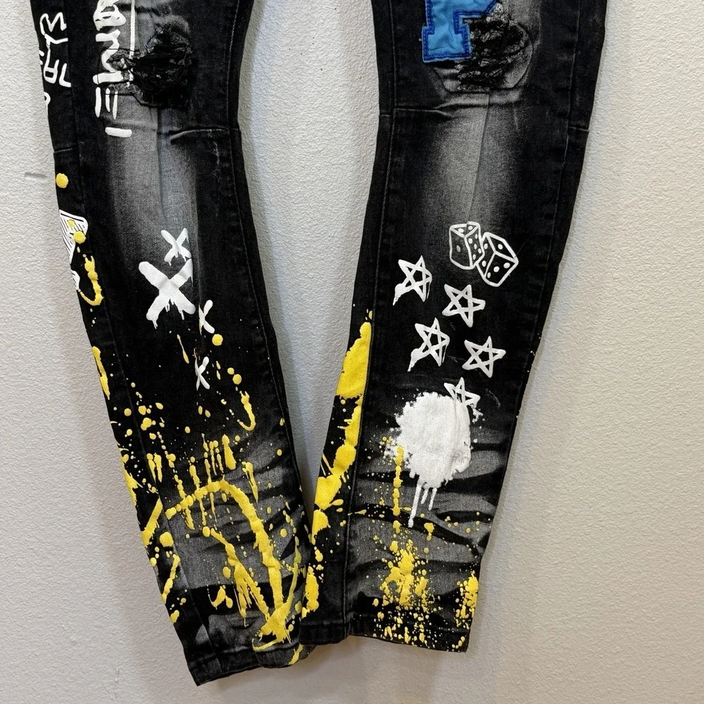 RUE 21 Premium Jeans Mens 34x32 Black Graffiti Skinny Streetwear Grunge Patch